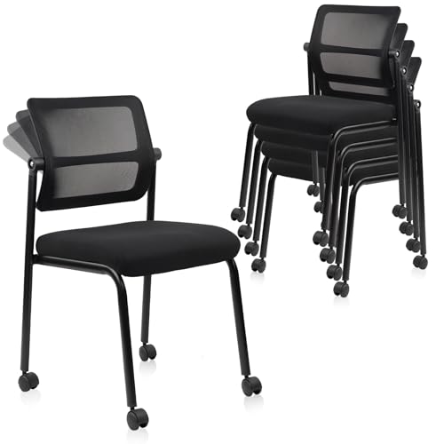CLATINA Stacking Armless Office Waiting Room Chair with Wheels, Stackable Mesh Guest Reception Desk Chairs with Adjustable Backrest for Conference Lobby Side School, Black, 4 Pack CLATINA