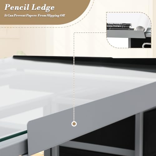 Athena Collection 41" Drafting Table Adjustable Angle Drawing Table Tempered Glass Art Desk Metal Frame Craft Desk Artist Desk with Fabric Drawers, Rolling Casters and Trays, Light Grey Athena Collection