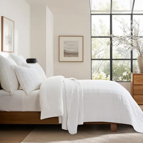 EVERGRACEHOME 100% Cotton Box Stitch Quilt Bedding Set King Size 3 Pieces, Garment-Washed Lightweight Soft Cozy Coverlet, Oversized Quilted Bedspread Sets with 2 Shams for All Season, Bright White EVERGRACEHOME