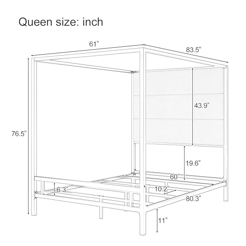 Harper & Bright Designs Queen Size Canopy Bed Metal Frame, Modern Canopy Bed with Tall Linen Fabric Upholstered Headboard, Metal 4-Poster, Box Spring Needed, Gold