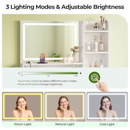 Greenstell Vanity Desk with Mirror and Lights, Makeup Vanity Table with Upholstered Stool, 4 Drawers & 3 Storage Shelves, Power Outlet, 3 Adjustable Lighting Modes for Bedroom and Dressing Room, White GREENSTELL