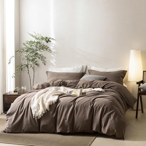 BDEAR Linen Feel Light Chocolate Brown Duvet Cover Twin Size 90'' L x 68'' W, Percale 100% Washed Cotton Duvet Cover with Zipper Closure Plus 1 Pillowcase, Oeko TEX Standard 100 Certificated BDEAR