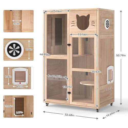 Nyeekoy Large Wooden Cat House on Wheels, Indoor Cat Villa with Condo, Multi Platforms, Scratchers, Vent, Litter Box Area, Clear Doors, Cat Cage Enclosure for Kittens & Adult Cats (Natural Wood) Nyeekoy