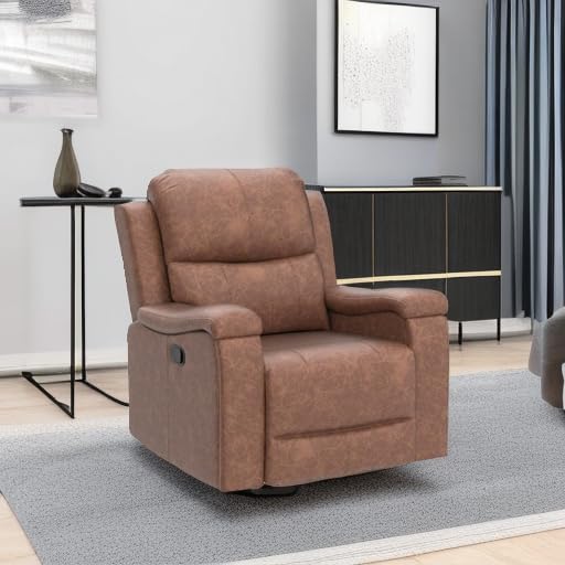 CANMOV Leather Recliner Chair, Classic and Traditional Manual Recliner Chair with Overstuffed Arms and Back, Manual Single Sofa with Concealed Cup Holders, Brown CANMOV