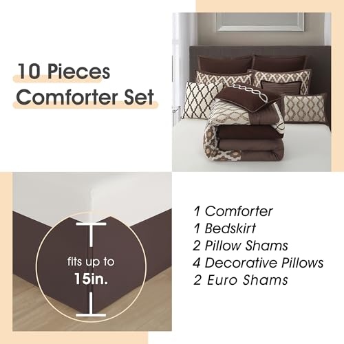 LANCO MODERN LIFESTYLE King Size Comforter Set, Brown, 10 Piece Bed in a Bag for All Seasons, Luxury Extreme Comfort Bedding Sets with Bedskirt, Pillow Shams, Euro Shams and Decor Pillows LANCO MODERN LIFESTYLE