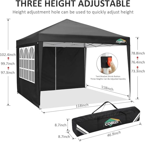 COBIZI 10x10 Pop Up Canopy Tent with 4 Sidewalls Party Tents Waterproof UPF 50+ Commercial Instant Outdoor Events Tent for Parties Markets Backyard, Ropes(10 x 10 ft Black COBIZI