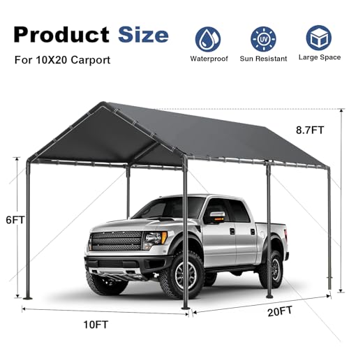 Carport 10x20ft Heavy Duty Car Tent, Portable Garage, Car Shelter, All-Season Tarp Tent for Car, Party,Grey Grezone