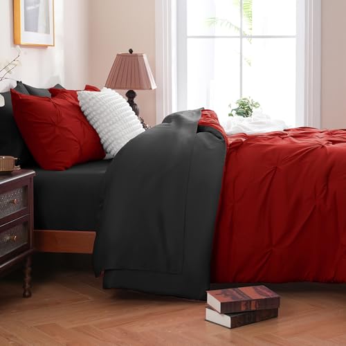 DOWNCOOL 7 Pieces Red and Black King Size Comforter Set, Pintuck Pinch Pleat Bed in a Bag, Soft Microfiber All Season Bedding Set for Bedroom with Sheets, Pillowcases & Shams DOWNCOOL