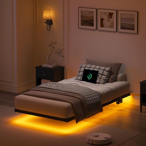 YORMDMO Floating Bed Frame Twin Size, Heavy Duty Bedframe with Smart LED Lights & Charging Station, Modern Metal Platform Bed, Easy Assembly No Box Spring Needed, 8 Inch YORMDMO