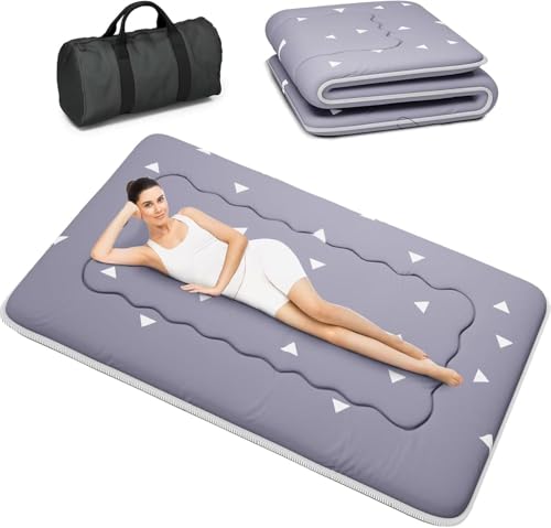 Kiseely Japanese Futon Mattress, Foldable Tatami Mat Portable Dormitory Sleeping Pad with Bag & Strap, Floor Thicken Sleeping Roll up Camping Mattress (Grey WS1, 60"X80") Kiseely