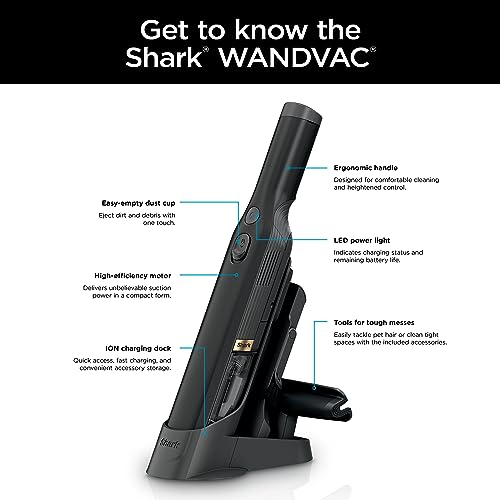 Shark WV201BK WANDVAC Cordless Hand Vac, Lightweight & Portable at 1.4 lbs. with Powerful Suction, Charging Dock, One-Touch Empty for Car & Home,Mattress,Duster Crevice Tool Included,Black(Pack of 1) Shark