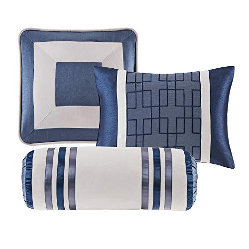 Madison Park Cozy Comforter Set-Deluxe Hotel Collection, All Season Down Alternative Luxury Bedding with Matching Shams, Decorative Pillows, Cal King(104"x92"), Genevieve, Navy 7 Piece Madison Park