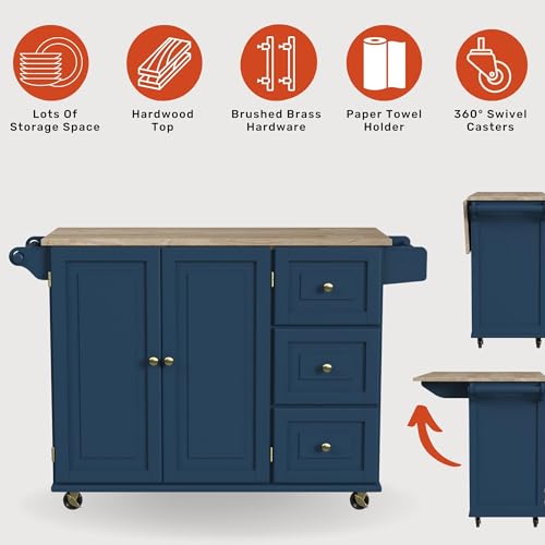 Homestyles Mobile Kitchen Island Cart with Wood Top and Dropleaf Breakfast Bar, Blue homestyles