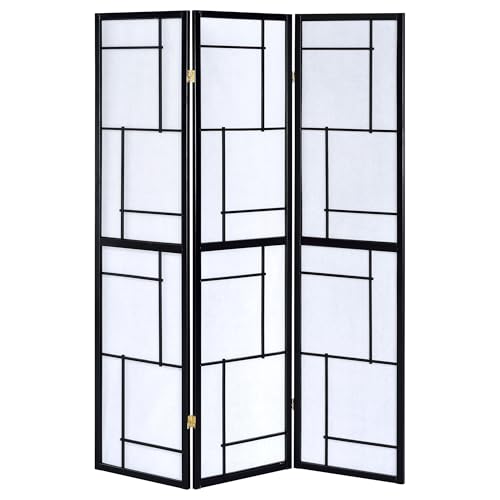 Coaster Home Furnishings - Damis - Solid Wood - 70-Inch 3-Panel Room Divider Folding Shoji Screen with White Paper Panels and Geometric Design - Living Room & Bedroom - Black and White - 900102 Coaster Fine Furniture