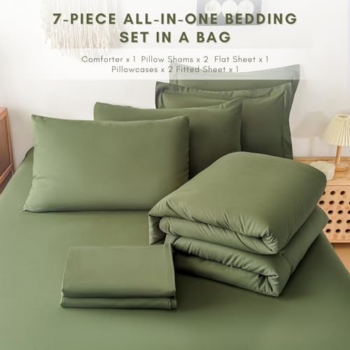 FMLIUY Twin/Twin XL Comforter Duvet Cover Set Olive Green - 7-Piece Bed in a Bag, Festive Gift Double Brushed Micorfiber All-Season Soft Bedding with Sheets & Envelope Pillowcases (68"x88",Twin) FMLIUY