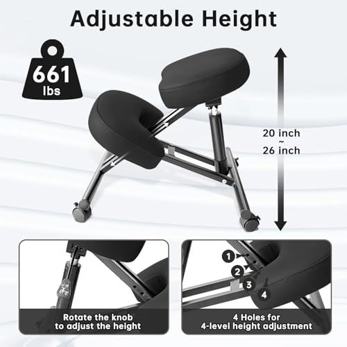 PU Leather Ergonomic Kneeling Chair, Adjustable Home and Office Stool with Thick Pads and Flexible Lockable Brake Wheels for Back Pain Relief(Black) DENGTELI