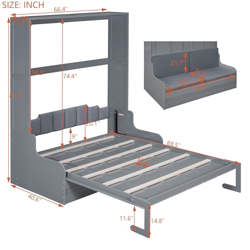 Merax Queen Size Murphy Bed Frame, Modern Wall Bed Can Be Folded into Cabinet, Chair with Cushion, Gray Merax