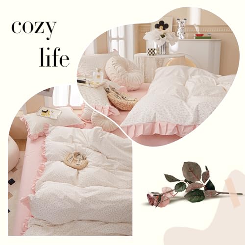 Pink Flower Duvet Cover Twin Chic Floral Print Ruffle Duvet Cover Cotton Lace Comforter Cover Country Style Floral Bedding Set Romantic Ruffle Comforter Cover Flower Bedding Cover with 2 Pillowcases LifeTB