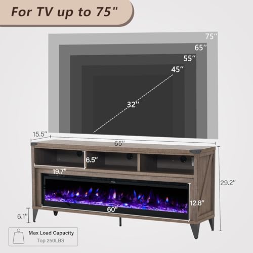 LUXOAK 65“ Fireplace TV Stand, Farmhouse Entertainment Center with 60" Tempered Glass Electric Fireplace, Industrial Media Console with Open Storage Space for TVs up to 75", Light Gray LUXOAK