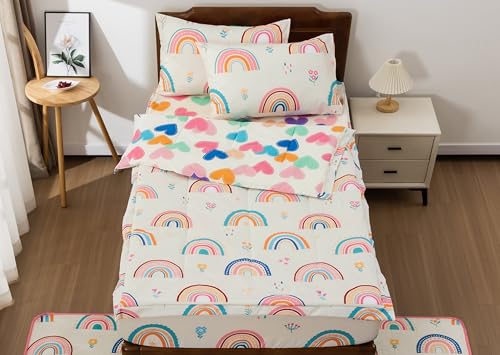 Meeting Story 3pcs Kids Comforter Sets Zipper Bedding Set for Girls,Twin Kid Bedding Set Rainbow Comforter Flower Bedding for Kid,All in one Zipper Bedding(Beige,Twin) Meeting Story