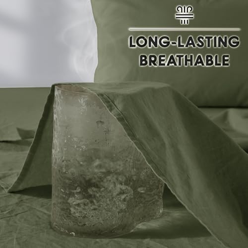 SONORO KATE 100% French Pure Linen Queen Size Sheets, Breathable and Durable, 16 Inch Deep Pocket - 4 Piece (Olive Green) SONORO KATE