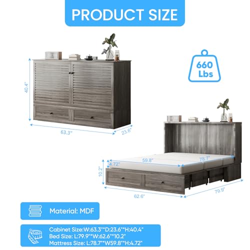 Mjkone Queen Murphy Bed Cabinet with Folding Mattress, Chest Cabinets Wall Beds with Storage Drawer and Built in Sockets & USB Ports, Sleeping Arrangement for Multipurpose Guest Room Home Office, Grey Mjkone
