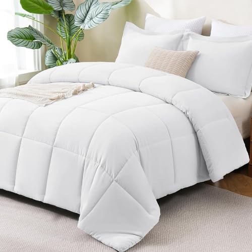 CozyLux Full Size Comforter Sets - White Comforter Full Size, 3 Pieces Box Stitched Bed Set for All Seasons, Soft Lightweight Bedding Sets with 1 Down Alternative Comforter and 2 Pillow Shams CozyLux