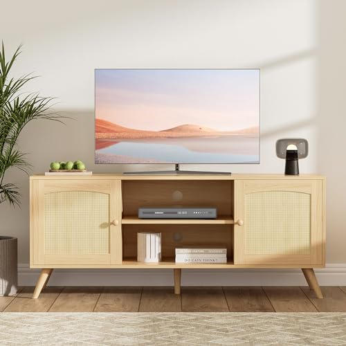 DIYART Oak TV Stand for 60 Inch TV, Wooden Mid Century Modern Entertainment Center with Natural Rattan Door, Boho Media TV Console for Living Room DIYART