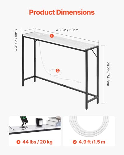 VEVOR Marble Console Table, Modern Narrow Long Console Table with Power Outlet, Thin Sofa Side Table with Iron Tubes, Anti-Tip Device and Triangular Support for Living Room, Hallway, Entryway, Foyer VEVOR