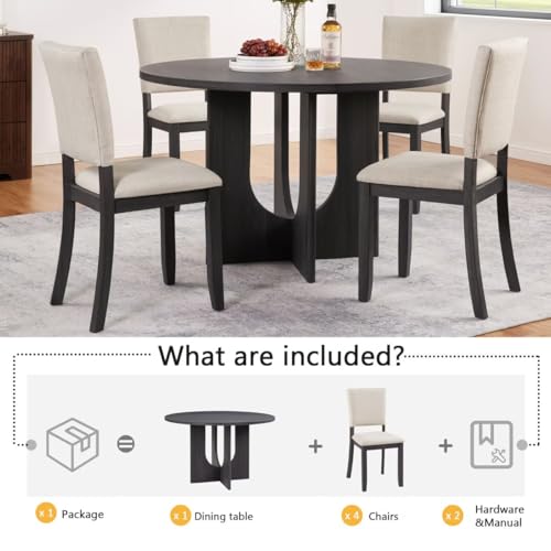 JIJIWANG 47.3" Round Dining Set with 4 Upholstered Dining Chairs, Modern Dining Table Set for 4, 5-Piece Round Dining Table Set for Living Room, Kitchen, Antique Black & Beige JIJIWANG