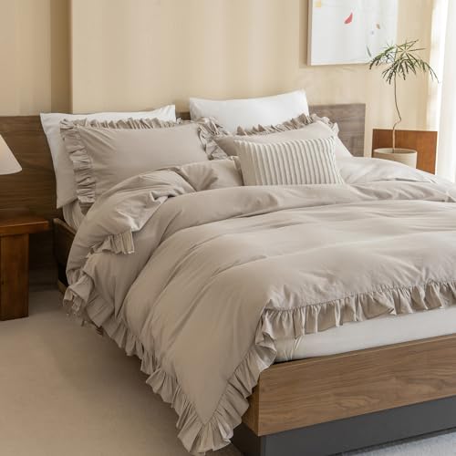QSH Washed Cotton Queen Duvet Cover Set Ruffle Duvet Cover Linen Textured Farmhouse Shabby Vintage Chic Bedding Comforter Cover 3 PCs Aesthetic French Country Queen Bed Set QSH