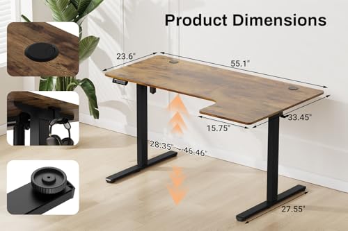 EcoZen Standing Desk Electric Height Adjustable Desk 55 x 33.5 Inches L Shaped Sit Stand up Desk, Computer Home Office Desk Memory Preset with Two-Piece Fir Wood Desktop (Vintage Brown, 55*33.5 Inch) EcoZen
