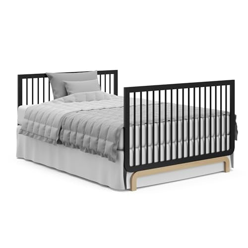 Storkcraft Santorini Deluxe 5-in-1 Convertible Crib with Bonus Toddler Guardrail (Black with Driftwood) – GREENGUARD Gold Certified, Toddler Guardrail Included in Box, Fits Standard Crib Mattress Storkcraft