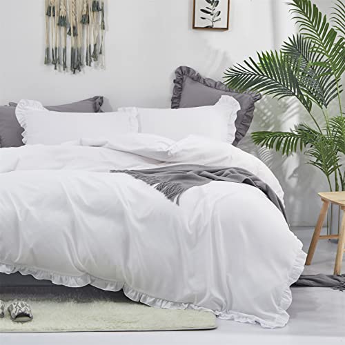 CLOTHKNOW White Ruffles Queen Comforter Set Farmhouse Bedding Comforter Sets Shabby Chic Comforter Soft Comforter with 2 x Pillow Cases CLOTHKNOW