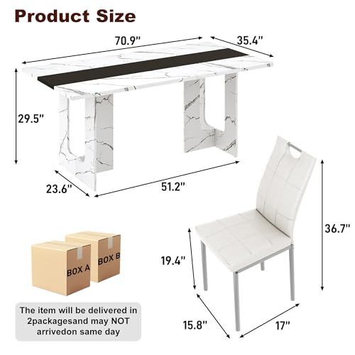 St.Mandyu 7 Pieces Dining Table & Chairs Set for 4-8 People, 71 Inch Kitchen Table with 6 Chairs, Rectangle Dining Table with Wooden Legs for Dining Room, Living Room, White St.Mandyu