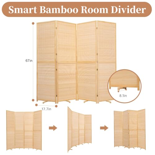 Room Divider Folding Privacy Screens, Hand-Made 67'' High Bamboo Room Dividers Freestanding 2-in-1 Multifunction 4 Panel Wall Divider for Room Separation, Portable Room Partitions and Dividers HOMSCREENER
