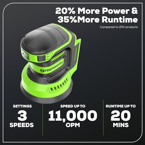 Greenworks 24V Cordless Orbital Sander, 5" Random Sanders Variable Speed, 11000 OPM, 3 Sandpaper Sheets, with 2Ah Battery and Charger Greenworks