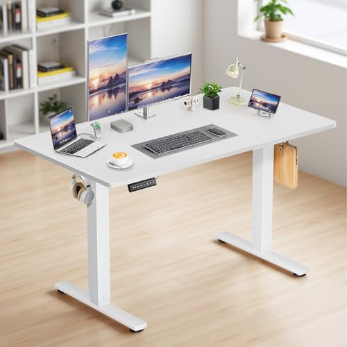 DUMOS Height Adjustable Electric Standing Desk, 47.2 x 23.6 Sit Stand Workstation with Memory Presets, Hooks & Cable Management, Ergonomic Computer Table for Home Office, White DUMOS
