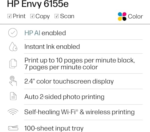 HP Envy 6155e Wireless All-in-One Color Inkjet Printer, Portobello, Print, scan, Copy, Duplex Printing Best-for-Home, AI-Enabled (714L5A) (Renewed Premium) HP