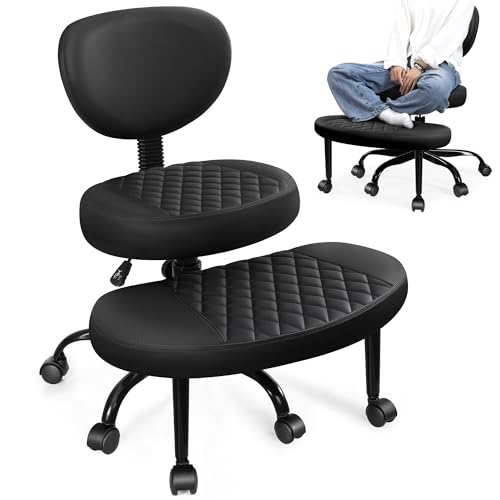 AtHope Ergonomic Cross Legged Office Chair with Wheels - Adjustable Height for Meditation, ADHD Desk & Yoga - Wide Criss Cross Design with Lumbar Support, Kneeling Chair - Black AtHope
