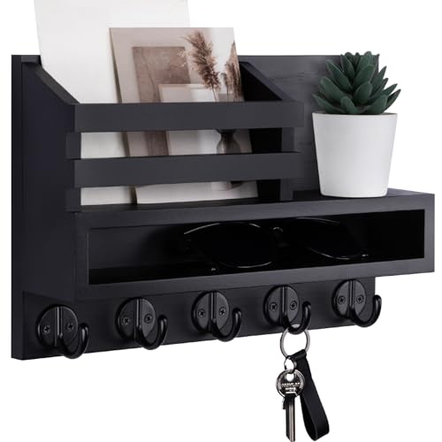 Lucundm Key and Mail Holder Wall Mount, Key Hanger with Long Storage Box and 5 Hooks for Coat, Dog Leash, Home Decor Rack, House Accessories, Entry Way Organizer 11.8”W x 7.8”H x 3.2”D Lucundm