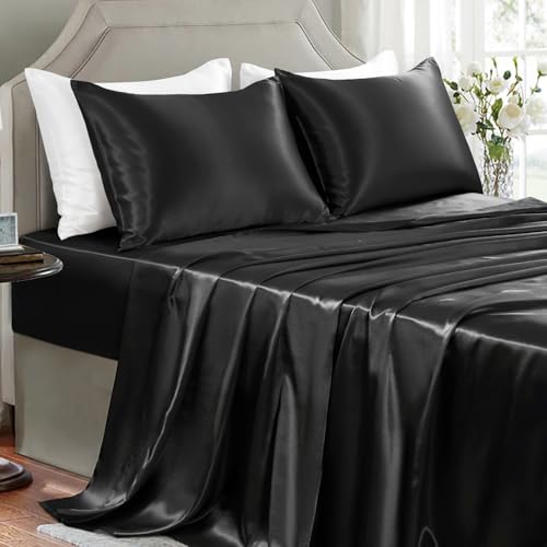 GOLAL Satin Sheets King Size - 4 Pieces Luxury Silky Soft Bed Sheets, Wrinkle-Free Black Satin Silk Sheet Set with 1 Deep Pocket Fitted Sheet, 1 Flat Sheet, 2 Pillow Cases GOLAL