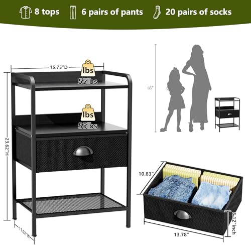 Night Stand with 1 Fabric Drawer and Sturdy Metal Frame, Modern Bedside Table Lightweight & Durable -55LB Load Capacity, Wear-Resistant & Easy-Clean Surface, Black YEYSHAOM