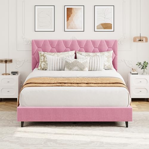 GAOMON Pink Full Bed Frame with Upholstered Headboard, Heavy-Duty Platform Bed Frame with Strong Wood Slats, No Box Spring Needed/Noise Free/Easy Assembly GAOMON