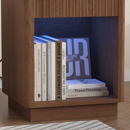 Akxomel Fluted Nightstand, Wooden Night Stand with Charging Station and LED Light, Modern Mid Century End Table with Drawer, 15" D x 15.7" W x 22.6" H, for Bedroom, Walnut Akxomel