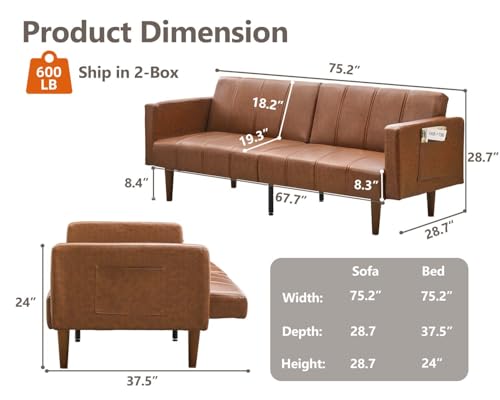Garvee Modern Futon Sofa Bed, Convertible 75" Sleeper with Adjustable Backrest & Side Pockets, Mid-Century Brown PU Leather Garvee
