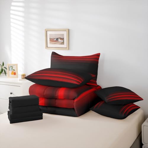 Erosebridal Red Black 7 Piece Bedding Set Twin Ombre Comforter Set with Sheets Abstract Teens Art Gradient Bed in A Bag Kids Girls Boys Bed Sets Erosebridal