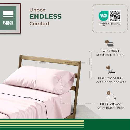 THREAD SPREAD 100% Organic Cotton Sheets Twin Size - 3 PC Organic Cotton Twin Size Percale Weave Sheet Set, Soft, Cooling, Crisp & Breathable, 16" Deep Pocket Bedding Set for Dorm Room - Blush THREAD SPREAD
