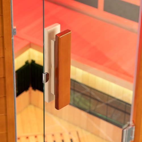WOODBRIDGE Infrared Sauna Room 2 Person Japanese Cedar Indoor Corner Sauna with 7 Carbon Heaters, Red Light Therapy,Bluetooth Speaker,Intelligent Dual Control System,Tempered Glass,Exterior Brim Light WOODBRIDGE
