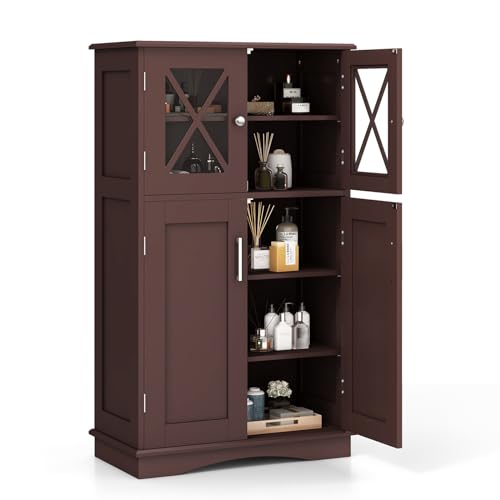 Tangkula Bathroom Storage Cabinet, Freestanding Floor Cabinet w/2 Glass Doors, 3-Level Adjustable Shelves, Anti-toppling Design, Kitchen Pantry Cupboard for Bathroom Living Room (Cabinet, Brown) Tangkula